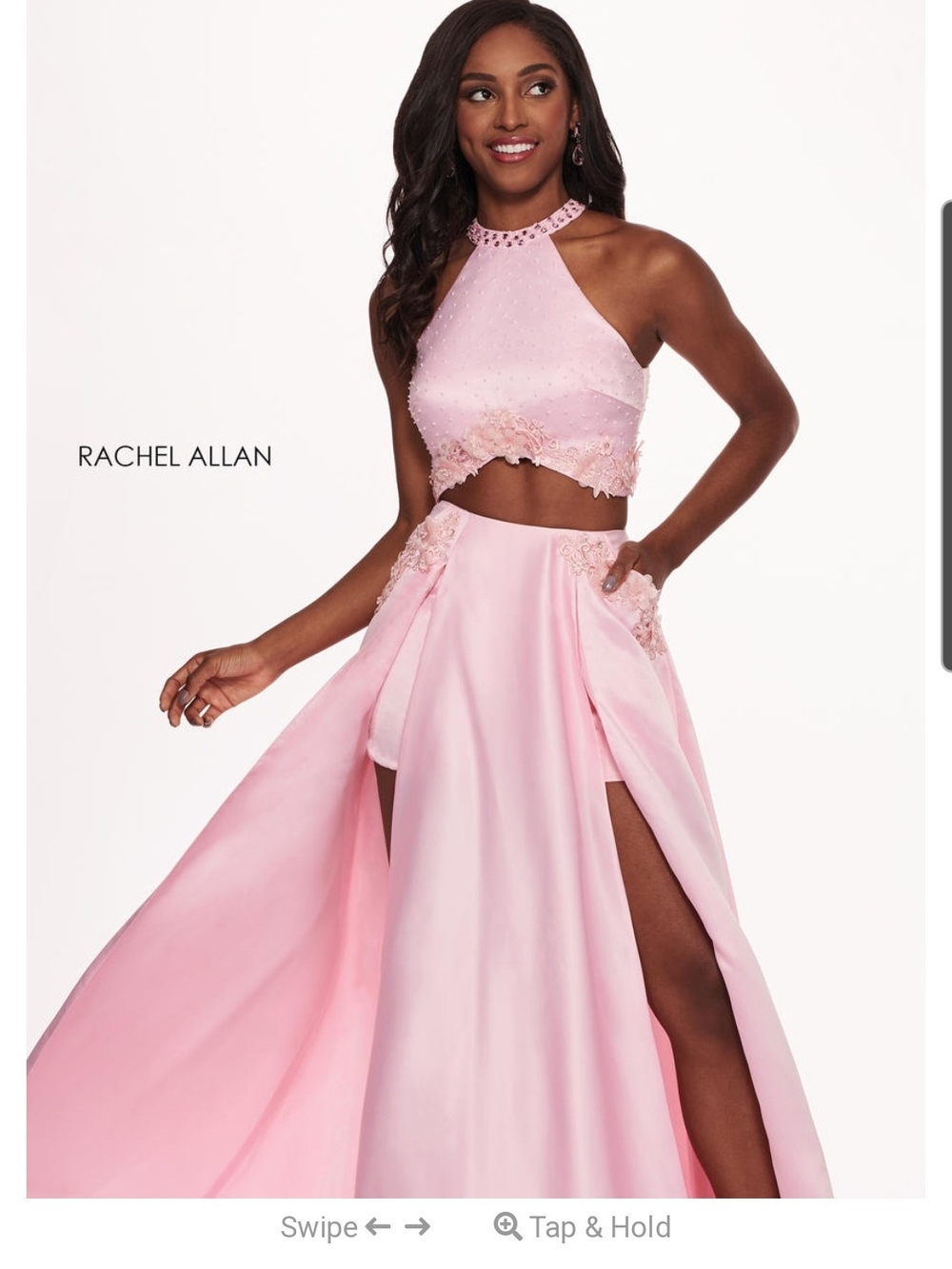 Rachel Allan Light Pink Two-Piece Halter Prom Gown